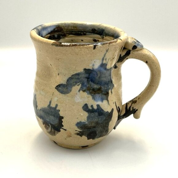 Art Pottery Coffee Mug Blue Black Beige Glazed Pinched Marked Splatter Ink Blot - Picture 1 of 7